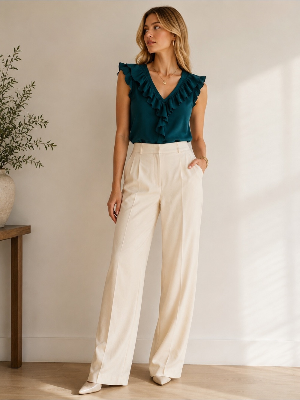 Anthropologie 100% Silk Ruffle Blouse Emerald Teal Sleeveless Top XS